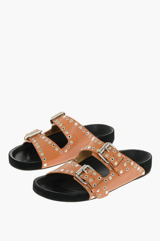 Studded Leather Slippers with Double Buckle