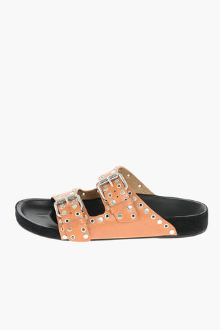 Studded Leather Slippers with Double Buckle