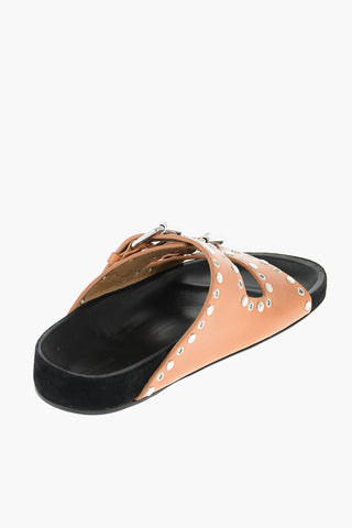 Studded Leather Slippers with Double Buckle