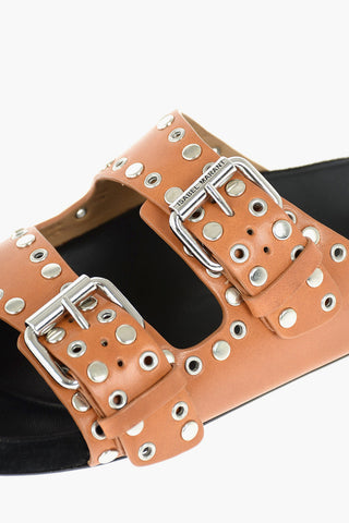 Studded Leather Slippers with Double Buckle