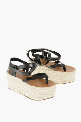 Leather Strap Platform Sandals with Raffia Wedge