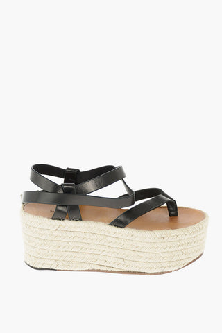 Leather Strap Platform Sandals with Raffia Wedge
