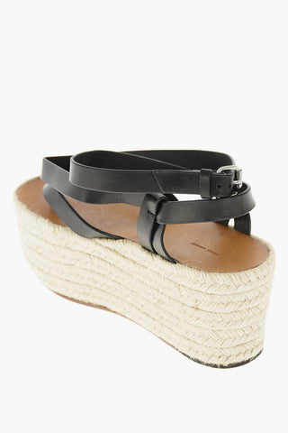 Leather Strap Platform Sandals with Raffia Wedge