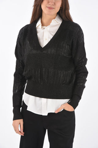 V Neck Sweater with Alternate Knitted Bands