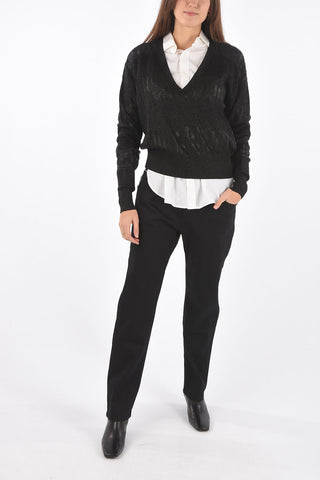V Neck Sweater with Alternate Knitted Bands