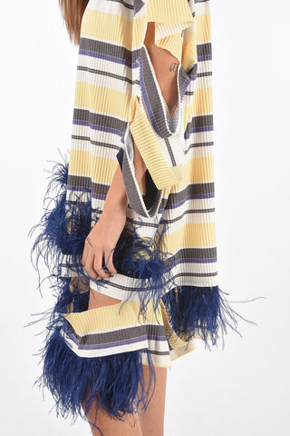 MM0 knitted striped polo dress with ostrich feather