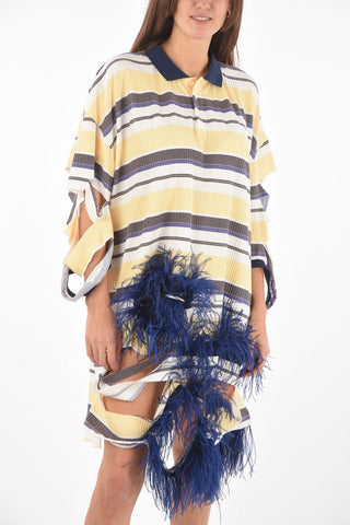 MM0 knitted striped polo dress with ostrich feather