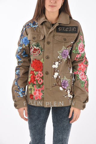 embroidered roses DEAREST ONE overshirt with patch breast pockets