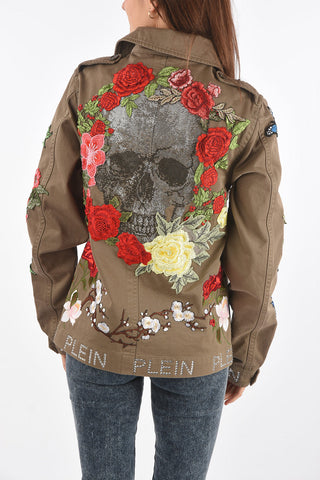 embroidered roses DEAREST ONE overshirt with patch breast pockets