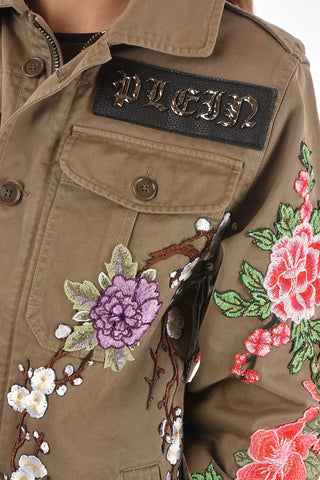 embroidered roses DEAREST ONE overshirt with patch breast pockets