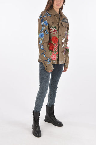 embroidered roses DEAREST ONE overshirt with patch breast pockets