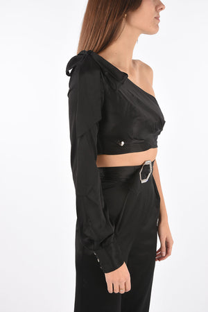 COUTURE completo boot cut con top crop monospalla in seta