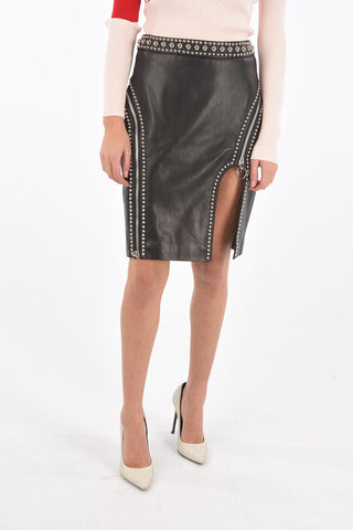 gonna a tubino mini CRAZY SHAPE in pelle e borchiata con spacco frontale