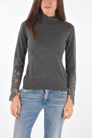Turtleneck Virgin Wool Sweater with Lace Details