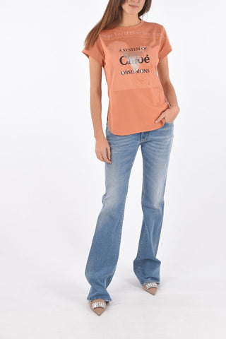 T-Shirt Girocollo con Stampa e Spacchi Laterali