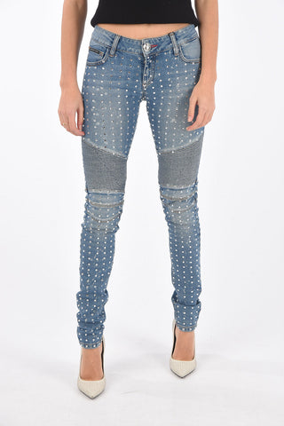 stretch denim rhinestone embellished biker jeans
