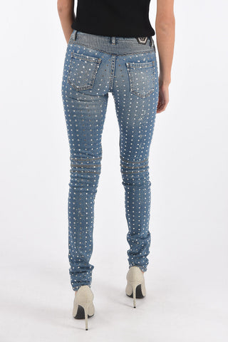 stretch denim rhinestone embellished biker jeans