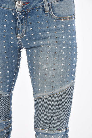 stretch denim rhinestone embellished biker jeans