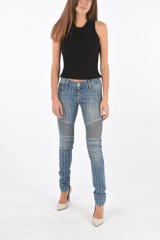 stretch denim rhinestone embellished biker jeans