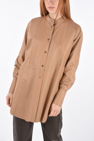 Mandarin Collar Side Split Leather Shirt