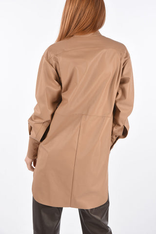Mandarin Collar Side Split Leather Shirt