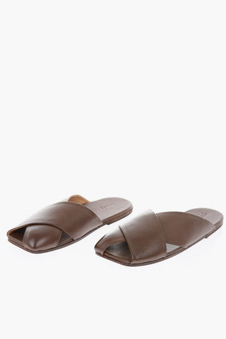 Textured Leather Slip On Flat Sandals