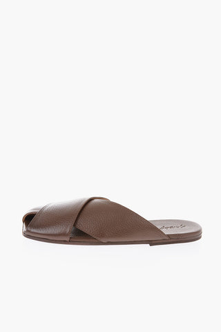Textured Leather Slip On Flat Sandals