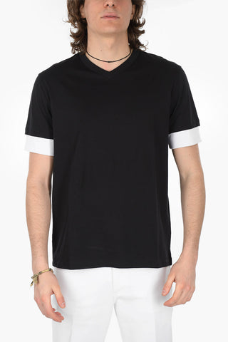 V Neck Cotton T-Shirt with Contrasting Sleeves