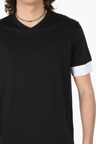 V Neck Cotton T-Shirt with Contrasting Sleeves