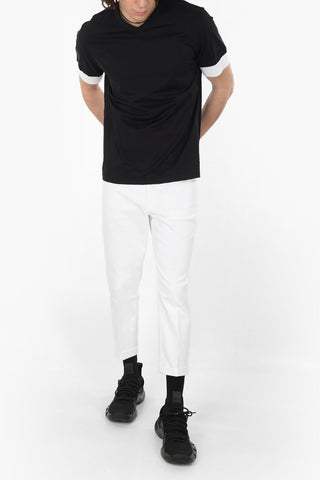 V Neck Cotton T-Shirt with Contrasting Sleeves