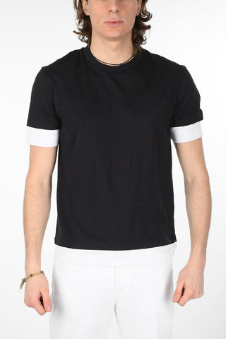 T-Shirt Girocollo in Cotone con Maniche a Contrasto