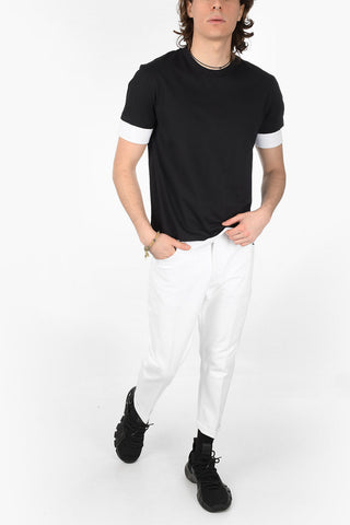 T-Shirt Girocollo in Cotone con Maniche a Contrasto