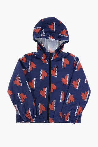 giubbotto in nylon con stampa logo e cappuccio