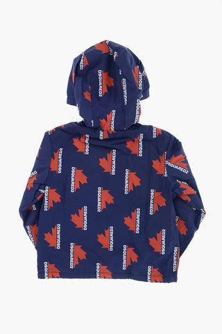 giubbotto in nylon con stampa logo e cappuccio