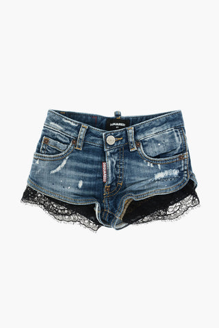 stretch denim shorts with lace detail