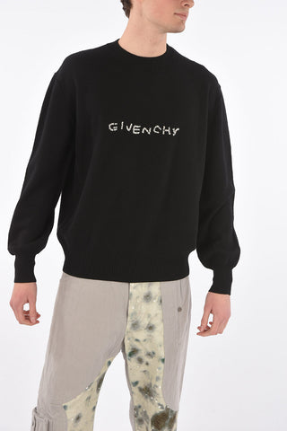 Crew Neck Wool Pullover with Embroidered Logo