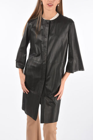 3/4-Sleeved Openwork Leather Overcoat