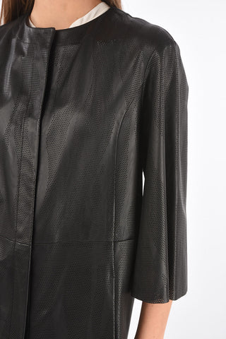 3/4-Sleeved Openwork Leather Overcoat