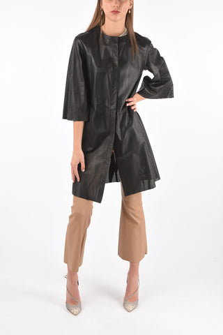 3/4-Sleeved Openwork Leather Overcoat