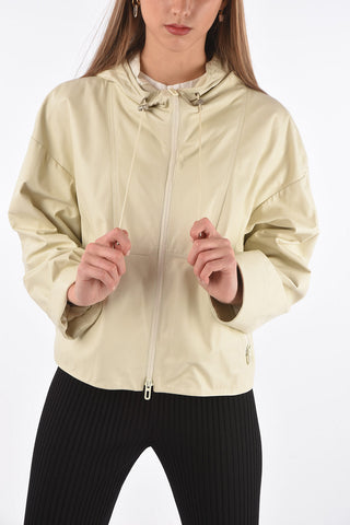 Hooded Leather Bomber Jacket with Front Zip