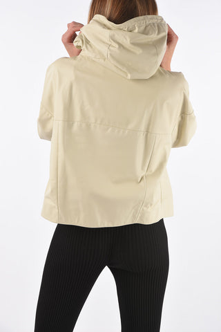 Hooded Leather Bomber Jacket with Front Zip