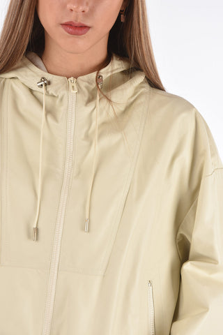 Hooded Leather Bomber Jacket with Front Zip