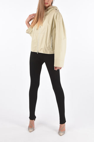 Hooded Leather Bomber Jacket with Front Zip