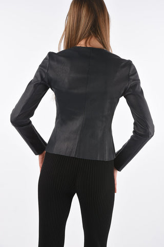Front Zipped Leather Jacket with Raw Cut Edges