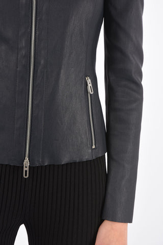 Front Zipped Leather Jacket with Raw Cut Edges