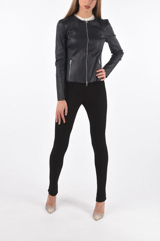 Front Zipped Leather Jacket with Raw Cut Edges