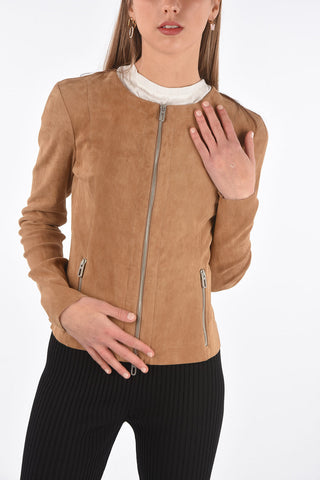 Front Zipped Suede Jacket with Raw Cut Edges