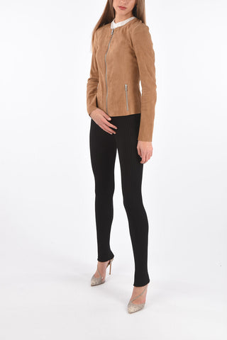 Front Zipped Suede Jacket with Raw Cut Edges