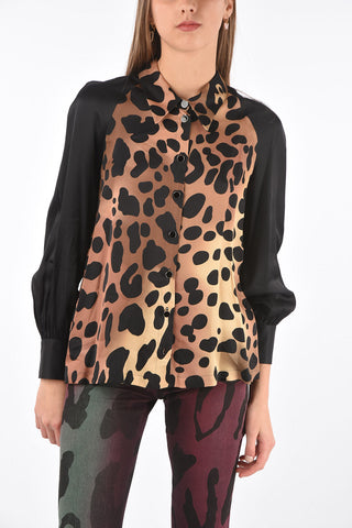 Camicia Leopardata con Maniche Tinta Unita e Collo Francese