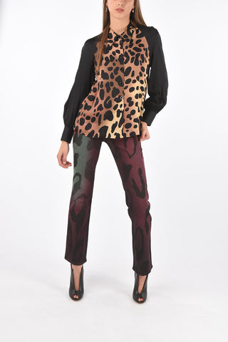 Camicia Leopardata con Maniche Tinta Unita e Collo Francese